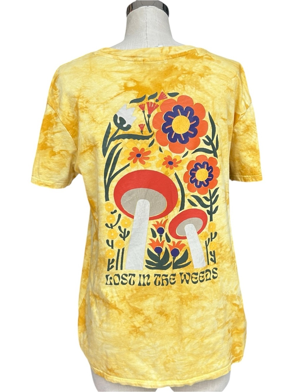 Dravus Lost In The Weeds Tie Dye Graphic Tee Yellow Floral Mushroom Shirt Medium